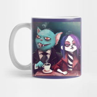 Sophisticated Blue Lizard Cat Drinks Coffee with His Edgy Girlfriend Mug